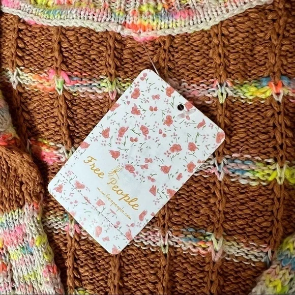 FREE PEOPLE 70s Cropped V-Neck Chunky Knit Striped Short Sleeve Henley Sweater S - Picture 11 of 14